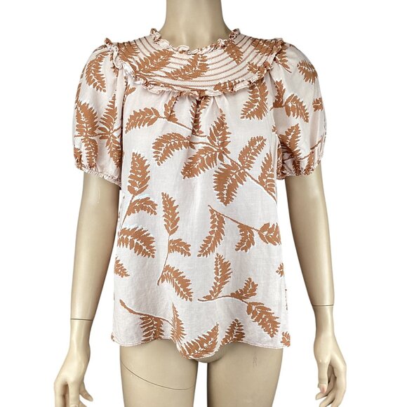 Current Air Anthropologie Womens Top Size XS XSmall Smocked Collar Tan Botanical - Picture 1 of 8